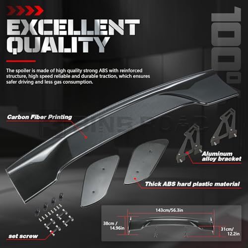 57" Car Rear GT Wing Spoiler, ABS & Aluminum Alloy Universal Rear Spoiler with Adjustable Bracket, Carbon Fiber - style: Carbon Fiber