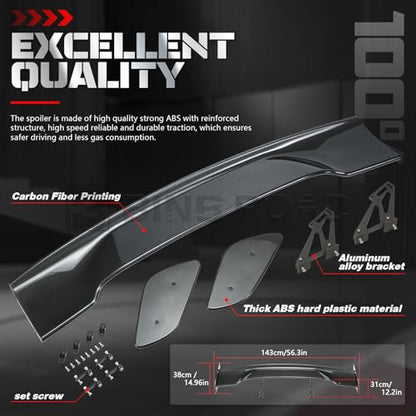 57" Car Rear GT Wing Spoiler, ABS & Aluminum Alloy Universal Rear Spoiler with Adjustable Bracket, Carbon Fiber - style: Carbon Fiber