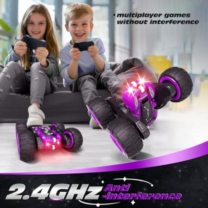 Tecnock Remote Control Car for Kids, 2.4GHz RC Cars with USB-C Easy Charging, 4WD Double Sided 360° Rotates and Flips RC Stunt Car, Toys Gift for Boys and Girls Ages 6-8, 8-12 - color: Purple