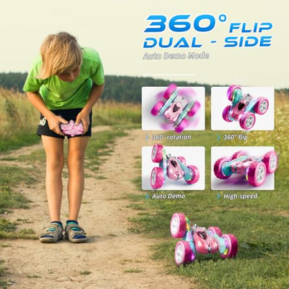 RC Car Pink 4WD Remote Control Car 360° Flip Double‑Sided LED Light Bar & Quick‑Swap USB‑C Modular Battery, 2.4 GHz No‑Interference Popular Outdoor Beach Toy, Popular Gift for Girls Ages 6‑12 - color: Pink