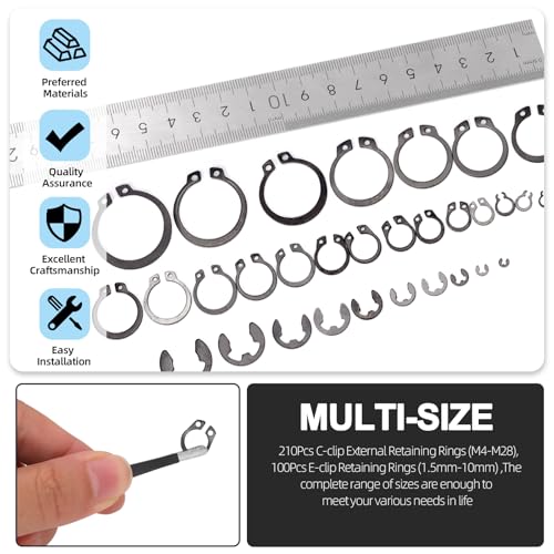Glarks 312Pcs 65Mn-Steel Circlip Snap Retaining Clip and E-Clip Assortment with Snap Ring Plier Set, 4MM-28MM C-Clip External Retaining Rings and 1.5MM-10MM E-Ring Circlip Rings and A Tweezer