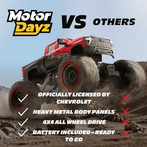 RC 4WD Heavy Metal Chevrolet Silverado Truck – 1:14 Scale Remote Control Car, Stamped Metal Body, 2.4GHz Full-Function Radio Control, USB Rechargeable, Ready to Run, Red