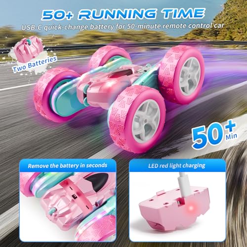 RC Car Pink 4WD Remote Control Car 360° Flip Double‑Sided LED Light Bar & Quick‑Swap USB‑C Modular Battery, 2.4 GHz No‑Interference Popular Outdoor Beach Toy, Popular Gift for Girls Ages 6‑12 - color: Pink