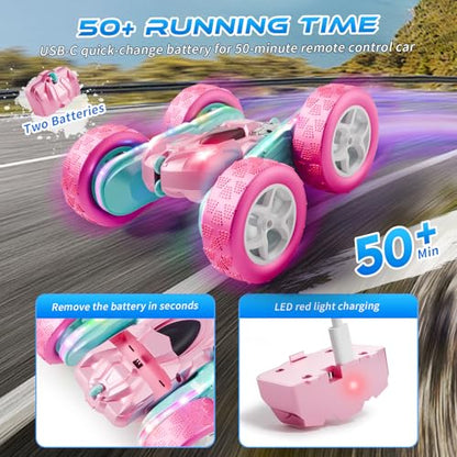 RC Car Pink 4WD Remote Control Car 360° Flip Double‑Sided LED Light Bar & Quick‑Swap USB‑C Modular Battery, 2.4 GHz No‑Interference Popular Outdoor Beach Toy, Popular Gift for Girls Ages 6‑12 - color: Pink