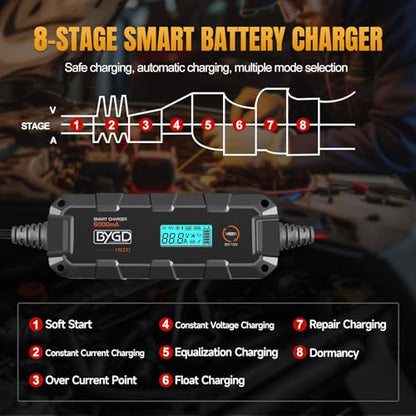 6A Car Battery Charger, 6V/12V Automative Trickle, Maintainer Battery Charger Desulfator with Temperature Compensation, LiFePO4 & Lead Acid Batteries for Motorcycle Lawn Mower Boat