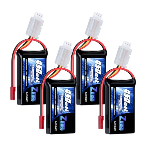 Zeee 2S Lipo Battery 450mAh 7.4V 50C with JST Plug (4 Pack) | Soft Pack RC Battery for FPV Drone Quadcopter Helicopter Airplane RC Boat RC Car RC Models