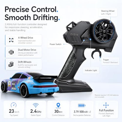 RC Drift Car, 1:24 Scale Remote Control Vehicle with LED Lights,Drifting Tires＆Two Batteries, Racing Sports Toy Idea Gift for Adults Boys Girls and Kids - color: Purple