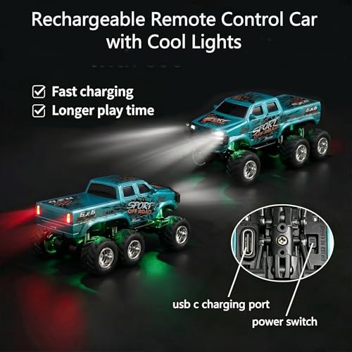 haomsj 1/64 Mini Rc Monster Truck 6x6 Off Road Remote Car for Kids & Adults | Sturdy Metal Car|3 Speeds|2.4G Flexible Remote Control|Long Lasting|Fast Charge|All-Terrain|Gift for Boys Age 3-12 - color: Green