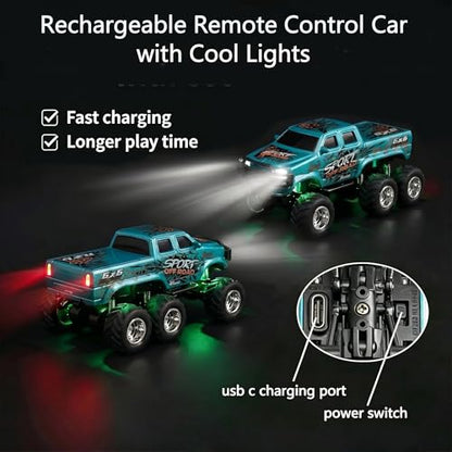 haomsj 1/64 Mini Rc Monster Truck 6x6 Off Road Remote Car for Kids & Adults | Sturdy Metal Car|3 Speeds|2.4G Flexible Remote Control|Long Lasting|Fast Charge|All-Terrain|Gift for Boys Age 3-12 - color: Green