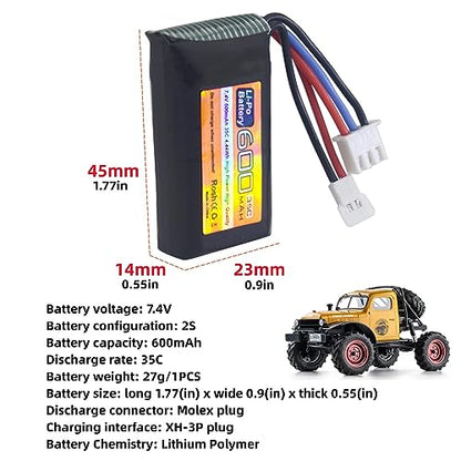 2PCS 7.4V 600mAh 35C 2S Lipo Battery with Molex Plug for FMS FCX24 RC Car, Truck, RC Electric Climbing Vehicle FCX24 Battery