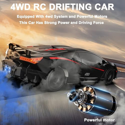Remote Control Car RC Drift Car 1:16 Scale 4WD 18KM/H High Speed Model Vehicle 2.4GHz with LED Lights Spray Rubber Tire Racing Sport Toy for Adults Boys Girls Kids Gift 2Pcs Rechargeable Batteries - color: Black-2