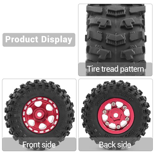 1.0" Beadlock Aluminum Wheels and 51mm Soft Rubber Tires | for SCX24, TRX4M, Ascent 18, FCX24, 1/18 1/24 RC Crawler, 7mm Hex, 0mm Offset, with Foam Inserts, (Red 101) - color: Red 101