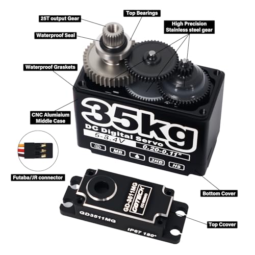 GOTECK 35KG Digital Servo,Large Torque 8.4V Full Metal Gear IP67 Waterproof Steering Servo with 25T Servo Horn for 1/8 1/10 1/12 RC Crawler Car,Robot,Boat,Truck Robot Parts (35KG(8.4V)-180°)
