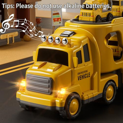 JUKUDAHU Construction Trucks for Kids 3-5 Years Old - Transport Vehicle | 1 Carrier Trucks for Kids with 4 Car Toy, Kids Excavator Crane, Sound and Light, 3+ Year Old Boy Gifts Birthday Toy - style: 5 IN 1 Construction Truck