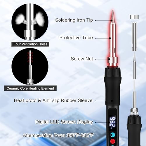 Soldering Iron Kit, 100W Soldering Gun with LED Digital Display, Adjustable Temperature 356-932℉ Solder Kit for Electronics, Includes Soldering Iron Tip, Solder Wire, Stand, Tweezers and Paste, Black - color: Black