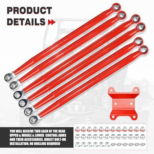 High-Clearance Rear Radius Rods for 2017–2023 Can-Am 64" Maverick X3/ X3 Turbo/Turbo R/RR/MAX, Heavy Duty Steel Straight Arms for Improved Ground Clearance & Stability, Set of 6, Red - size: For 64" Can-Am, style: Rear