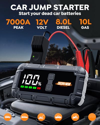 Jump Starter Power Pack, 7000A Car Battery Booster Jump Starter and Jump Pack for 12V Vehicles, OGORI NEW Battery Booster with LCD Screen and Flashlight (10L Gas/8L Diesel)