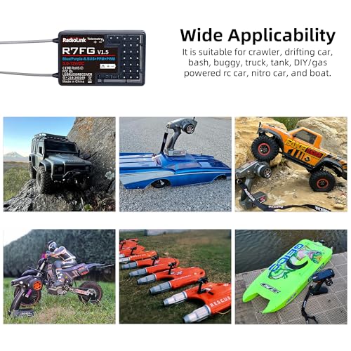 Radiolink R7FG 7-Channel Water-Splash Proof RC Gyro Receiver for RC Crawler | 2.4G Voltage Telemetry RX for RC Crawler Drifting Car, Boat, Bind with Radio Controller RC8P/RC8X/RC4GS V3/RC6GS V3/T8S/T8FB