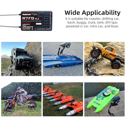 Radiolink R7FG 7-Channel Water-Splash Proof RC Gyro Receiver for RC Crawler | 2.4G Voltage Telemetry RX for RC Crawler Drifting Car, Boat, Bind with Radio Controller RC8P/RC8X/RC4GS V3/RC6GS V3/T8S/T8FB