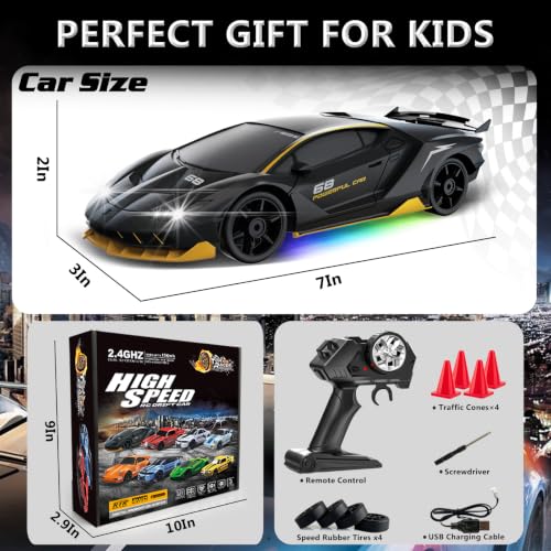RC Drift Car 1:24 Remote Control Car 4WD 15KM/H High Speed Racing Sport Car with LED Lights RC Cars Toy for Kids Boys Girls Adults Gifts Birthday Christmas - color: Black-1