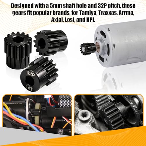 32P 14T RC Car Gear Set | 45# Steel Black Oxide | 5mm Bore +0.03mm | Precision Engineered Motor Pinion Gear Compatible with Traxxas/ARRMA/HPI/Kyosho (3-Pack with M4 Set Screws) - style: 3Pcs 14T