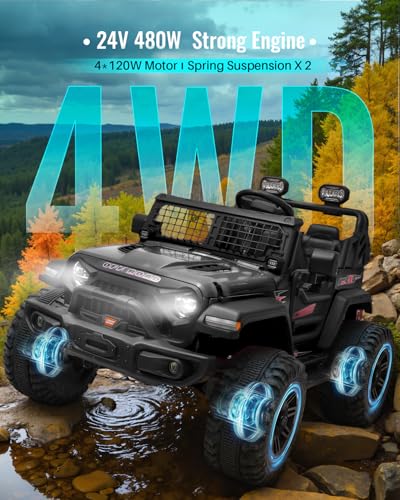 Blitzshark 24V MAX Ride-on Truck 2 Seater, 4WD Kids Electric Vehicle | XXL Battery Powered Car, with 480W Ultra Powerful Motor, 7AH Battery, Remote Control, Full-Metal Suspension& Sticker,Black - color: Black