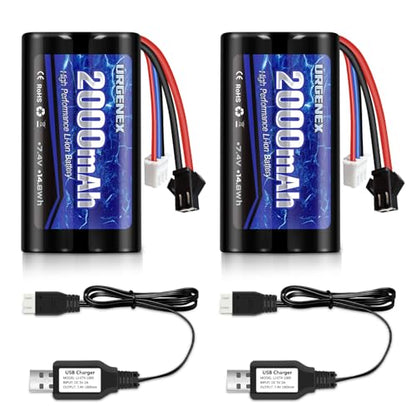Li-ion Battery 7.4V 2000mAh High Capacity with SM-2P Plug 2S Rechargeable RC Battery Fit for WPL MN99 4WD High Speed RC Cars & Most 1/10, 1/12, 1/16 Scale RC Cars Trucks with 2 USB Chargers