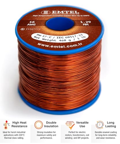 Emtel 16 AWG - 1 lb (129 ft) 99.9% Pure Copper Wire, Enameled Magnetic Wire for Motor, Transformer, Magnetic Coil, & Electroculture Gardening, Winding Magnet Wire - 220°C (428°F) Thermal Class - style: 16 AWG