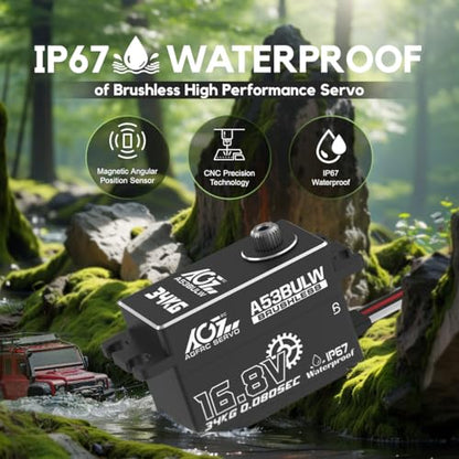 AGFRC A53BULW 34KG 16.8V Waterproof Low-Profile RC Servo | 0.08Sec Speed, 16.8V Direct Power, Brushless Motor, Programmable, Full Metal Gears, Fits 1/10 1/8 RC Cars