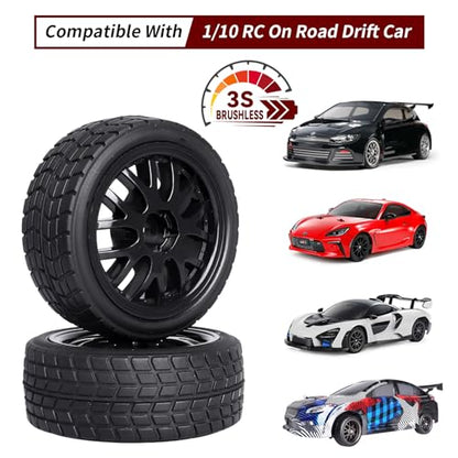 Pre-Glued OD 2.56" 12mm Hex Wheels Rims & Rubber Tires 26mm for 1/10 Scale On Road Racing Car Drift RC Touring Car, Set of 4 (Color D) - color: Color D