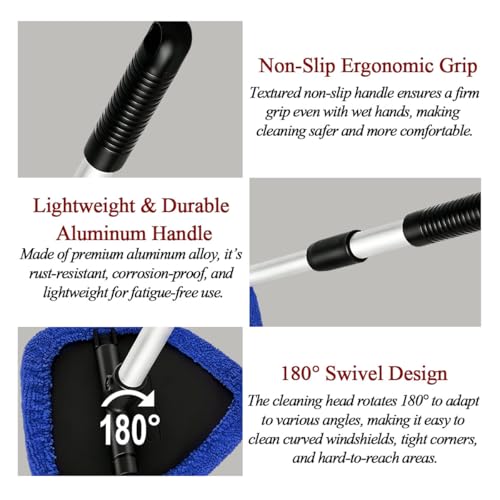Car Windshield Cleaner Tool, Extendable Handle Pentagonal Vehicle Window Cleaning Kit with 4 Reusable Pads Spray Bottle, Auto Windscreen Detailing Cleaner, Universal Fit (Grey) - size: Grey