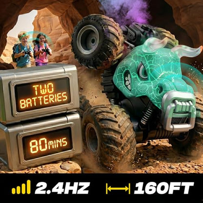 BEZGAR Monster Truck Toys, 1:18 Remote Control Monster Truck with Water Spray & Dancing Spins, 4WD RC Truck for Boys 4-7, RC Cars with 2 Batteries, Toys for 4+ Year Old Boys(Cyan) - color: Cyan