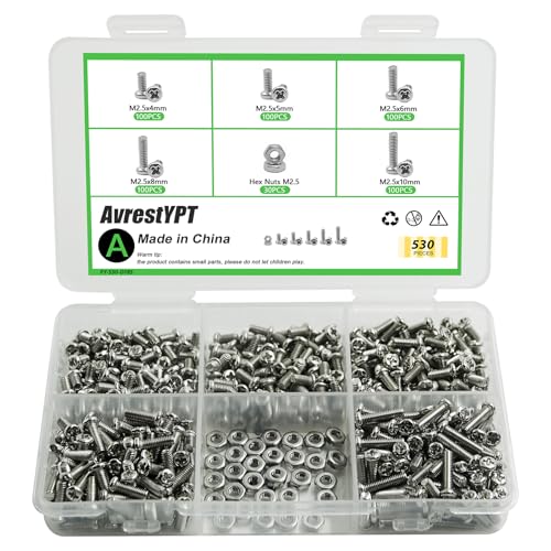 530Pcs 304 Stainless Steel Metric Micro Screws Nuts Assortment, M2.5x4/5/6/8/10mm Sizes, Phillips Pan Head, Fully Threaded Kit for Arduino, RC Models, Electronics, DIY Projects - size: M2.5x4/5/6/8/10-530Pcs