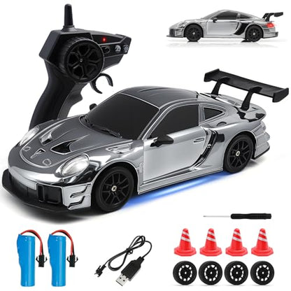 RC Drift Car, 1:24 4WD Remote Control Cars Vehicle with LED Light,2.4GHz 20KM/H High Speed RC Cars with Two Batteries & Drifting Tires Racing Sport Toy for Adults Boys Girls Kids Silve - color: Silver