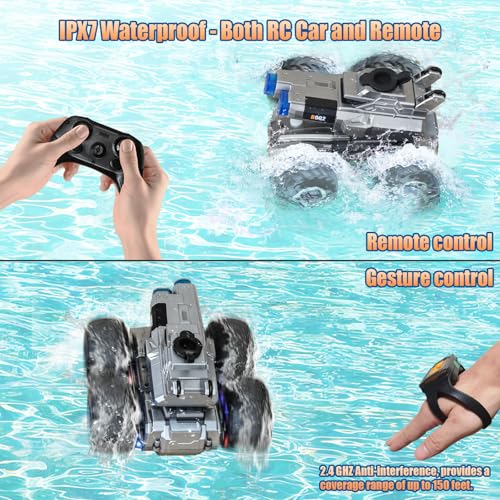 Remote Control Car, Amphibious Monster Truck Toys, RC Boat with Water Gun, Gesture Sensing RC Stunt Car for 120 Mins Play, Remote Control Boat for Kids 6 7 8 9 10 11 12+ Year Birthday