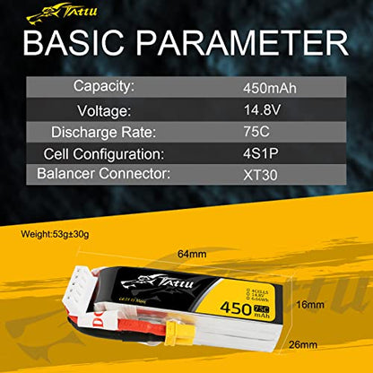 Gens ace Tattu 4S Lipo Battery 14.8V 450mah 75C Lipo Battery XT30 Plug for H Frame Mini RC Racing Drone FPV