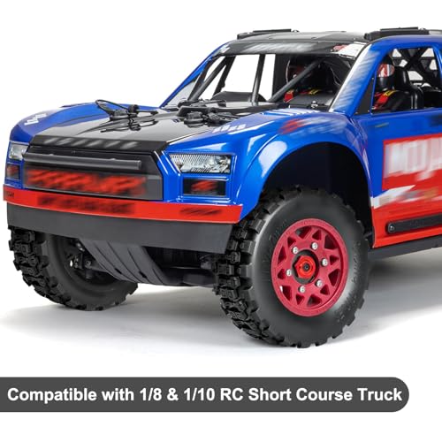 LRFHL 1/10 RC Short Course Truck Tires with 12mm 14mm 17mm Hex, 4PCS | Pre-Glued, RC Off-Road Short Truck Tires, for 1/8 1/10 Arrma Senton Traxxas Slash 2WD Axial Losi Redcat - color: Black Tires+ Red Wheels