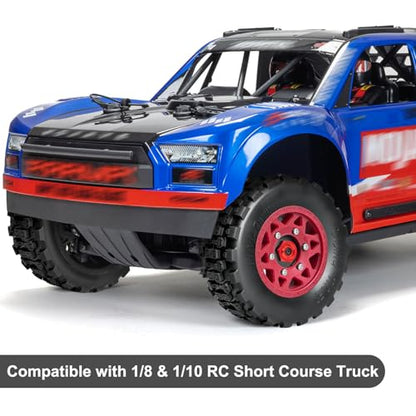 LRFHL 1/10 RC Short Course Truck Tires with 12mm 14mm 17mm Hex, 4PCS | Pre-Glued, RC Off-Road Short Truck Tires, for 1/8 1/10 Arrma Senton Traxxas Slash 2WD Axial Losi Redcat - color: Black Tires+ Red Wheels