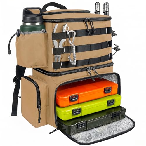 MATEIN Fishing Backpack, Tackle Storage Bag with Rod Holders & Cooler | Water Resistant Fishing Bag Fits 4 3600 Trays, Large Wide Open Tackle Box Backpack, Gifts for Fishermen - color: Khaki - Large