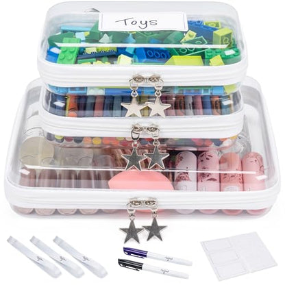 Clear Hard Shell Zipper Case Set (1Large + 2Small), 120s Thick PET Plastic Storage Bags, Dual Zipper Travel Organizer with Star Charms, Removable Strap, Removable Labels & 2 Markers - size: 1Large + 2Small