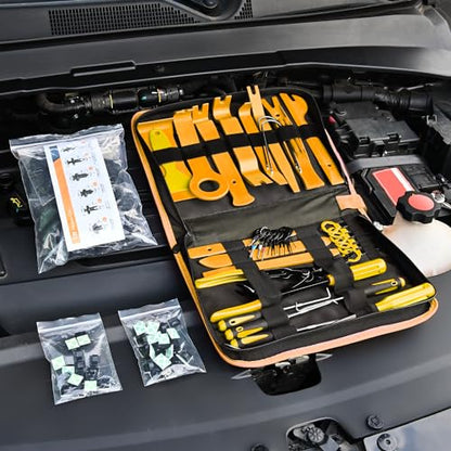 GOOACC 200Pcs Trim Removal Tool, Auto Push Pin Bumper Retainer Clip Set Fastener Terminal Remover Tool Adhesive Cable Clips Round Handle Crowbar Kit Car Panel Radio Removal Auto Clip Pliers, Yellow - color: 200Pcs Clips Removal Kit Yellow