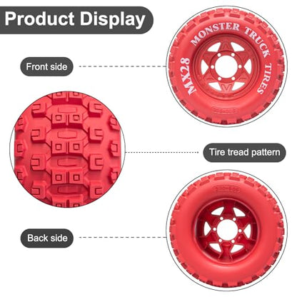 LRFHL MX28 F/R 2.8" RC Monster Truck Tires and Wheels 4PCS, Red | 12mm/14mm Hex Adapter, 1/10 RC Monster Truck, Compatible with Traxxas Stampede Rustler Redcat Arrma Vorteks Big Rock Granite - color: Red Tires+ Red Hex Wheel-3
