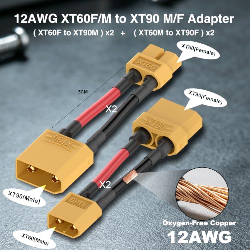 12AWG XT90 to XT60 Adapter XT60 to XT90 Cable (4 Pack) | XT60 to xt90 male female for RC Lipo Battery Drone xt60 male to xt90 female xt90 male to xt60 female - size: XT90-XT60