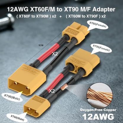 12AWG XT90 to XT60 Adapter XT60 to XT90 Cable (4 Pack) | XT60 to xt90 male female for RC Lipo Battery Drone xt60 male to xt90 female xt90 male to xt60 female - size: XT90-XT60