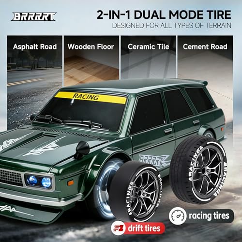 1:24 RC Drift Car,20KM/H 4WD High Speed Remote Control Cars with LED Lights,Adjustable High Speed/Low Speed Ddrift Car,Extra Drifting Tires,Speed Racing Sport Toy Car for Boys and Girls Age 6+ - style: Green Drift Car