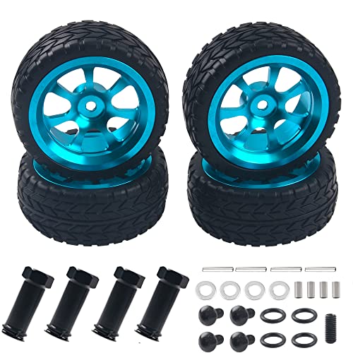 Metal 12mm Hex Hub Wheel Rims & 2.55'' Rubber Tires with 30mm Extension Hex Hub Adapter Compatible with Wltoys 144001 A959 A959-B 124019 124018 1/18 1/14 RC Car (Blue)