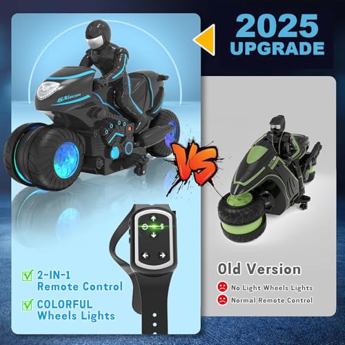 Eulogia Remote Control Motorcycle Toys New Upgraded RGB Wheels Lights, RC Motorbike with 2-in-1 Remote, Gesture Sensing Stunts Dirt Bike, 360° Rotating High Speed Motocross Car for Boys Girls Gift - color: Blue