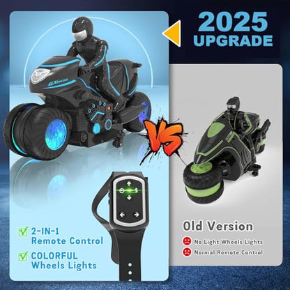 Eulogia Remote Control Motorcycle Toys New Upgraded RGB Wheels Lights, RC Motorbike with 2-in-1 Remote, Gesture Sensing Stunts Dirt Bike, 360° Rotating High Speed Motocross Car for Boys Girls Gift - color: Blue