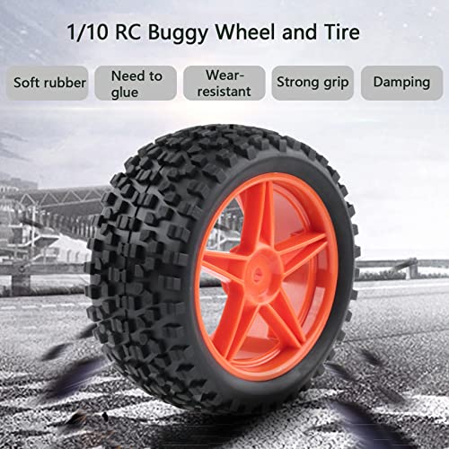 1/10 Buggy Tires & Wheels Set - Front & Rear Different Sizes 12mm Hex Red 5-Spoke Rims, Compatible with Traxxas Bandit, Redcat, Tamiya - Includes Lock Nuts, Washers & Wrench