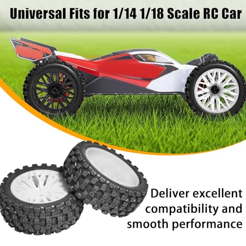 4PCS Pre-Glued RC Crawler Car Rubber Tires and Plastic Wheels Set, 70mm*26mm Tires and Rims with 12mm Hex Fits for ARRMA 1/14 1/16 1/18 Granite/Typhon Grom RC On/Off Road Crawler Truck Car (White) - color: White